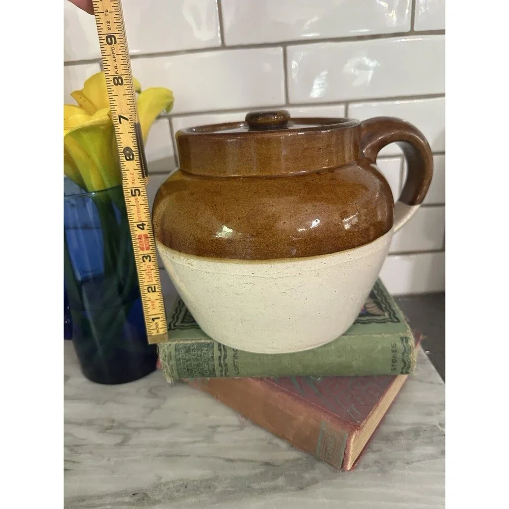Vintage Antique Stoneware 2 Tone Brown One Handle Crock Bean Pot Americana